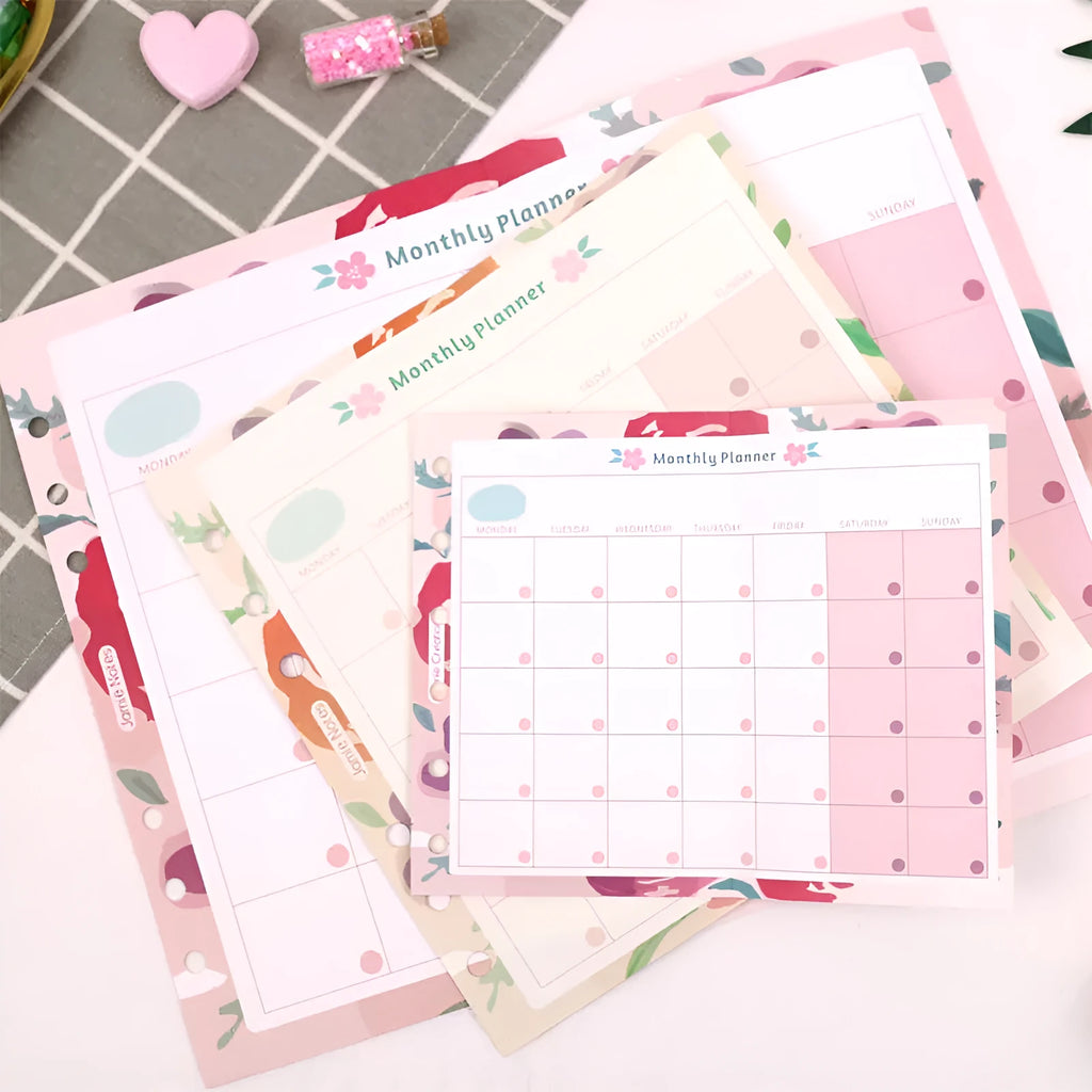 Loose-leaf refill sheets for planners in A7, A6, and A5 sizes showing floral and schedule layouts