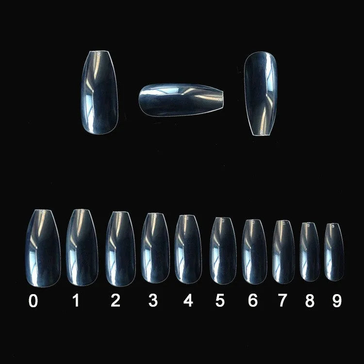 Clear transparent ABS false nails in a pack of 500 pieces, showing French tip design and range of sizes.