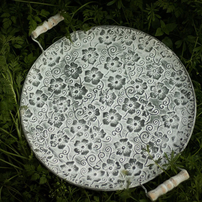 European-style round wrought iron storage tray with belt design in two size options
