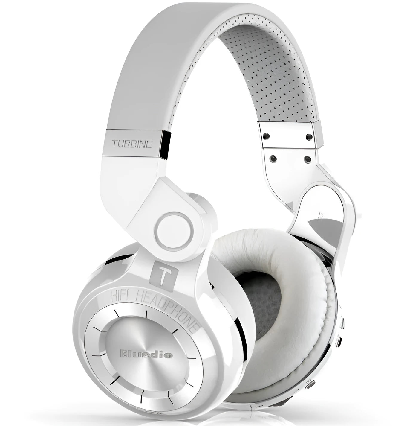 Blue String T2 black and white over-ear Bluetooth headphones with a folding metal headband.
