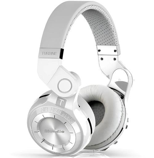Blue String T2 black and white over-ear Bluetooth headphones with a folding metal headband.