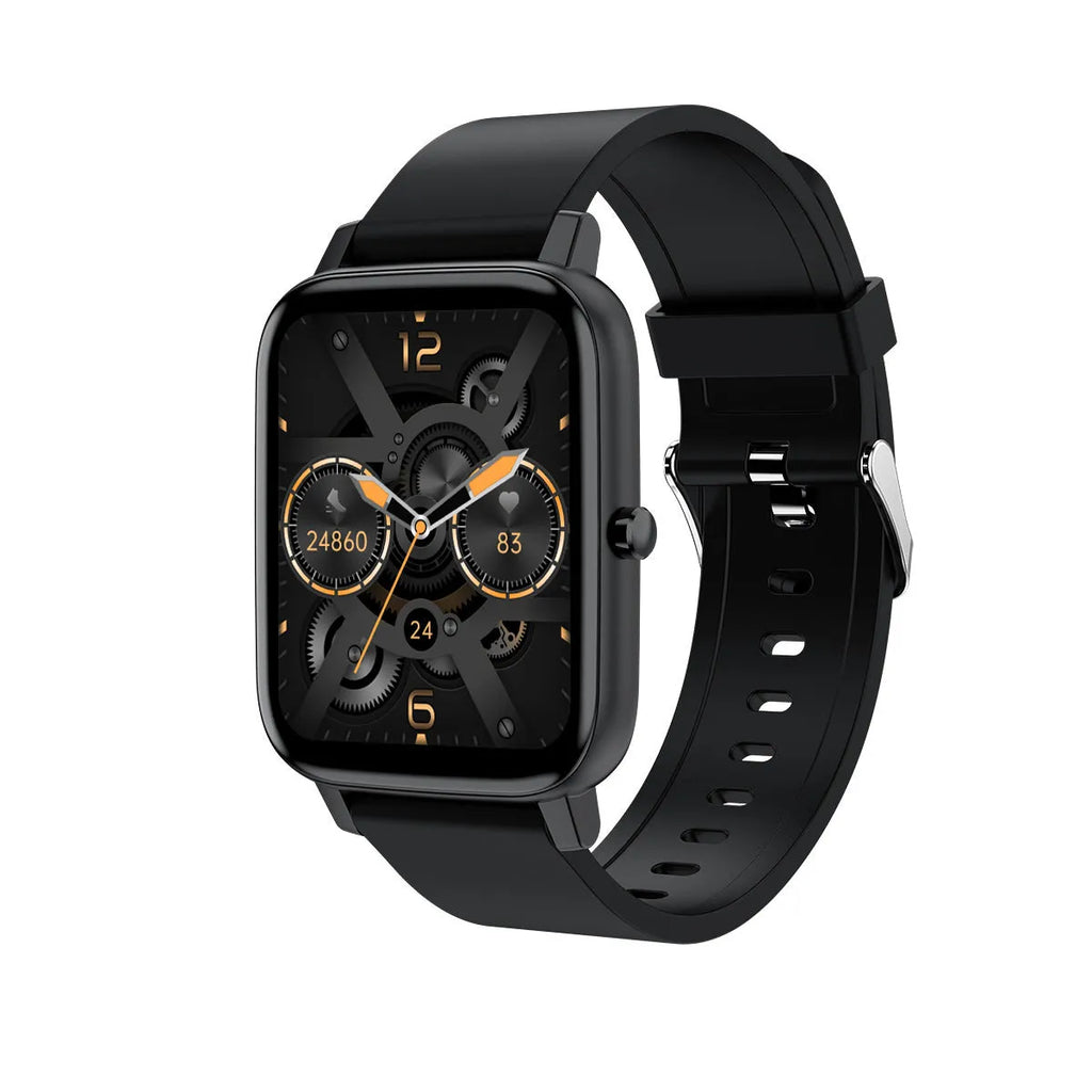 H80 smartwatch in black on a wrist, showing a heart rate graph on its 1.69-inch spherical glass screen.