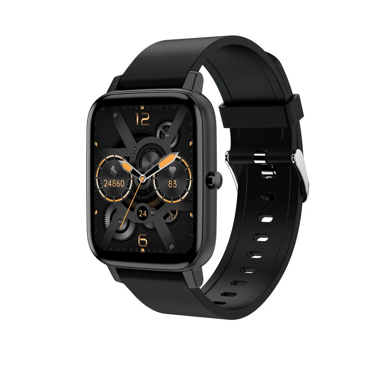 H80 smartwatch in black on a wrist, showing a heart rate graph on its 1.69-inch spherical glass screen.