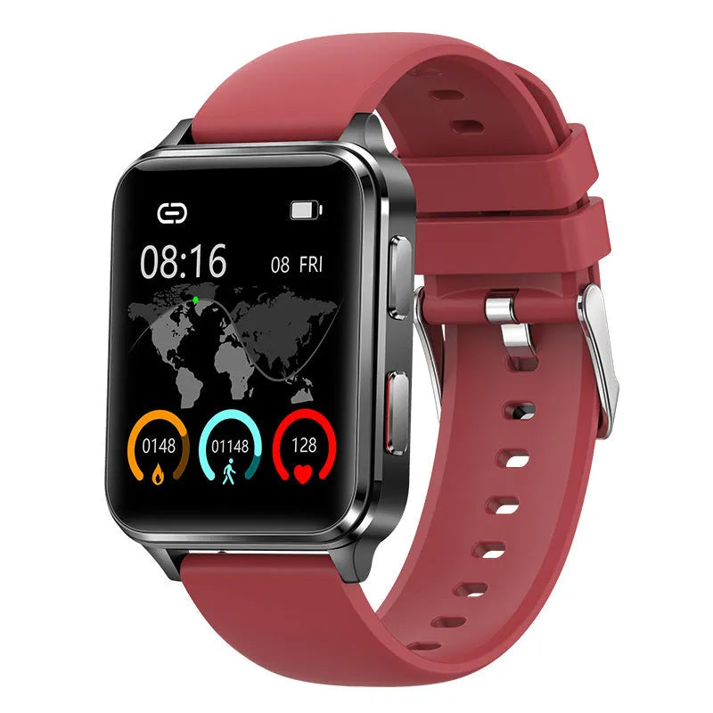 Air Type multi-sport smartwatch with 1.70-inch tempered glass screen and silicone wristband in blue, black, red, or leather options