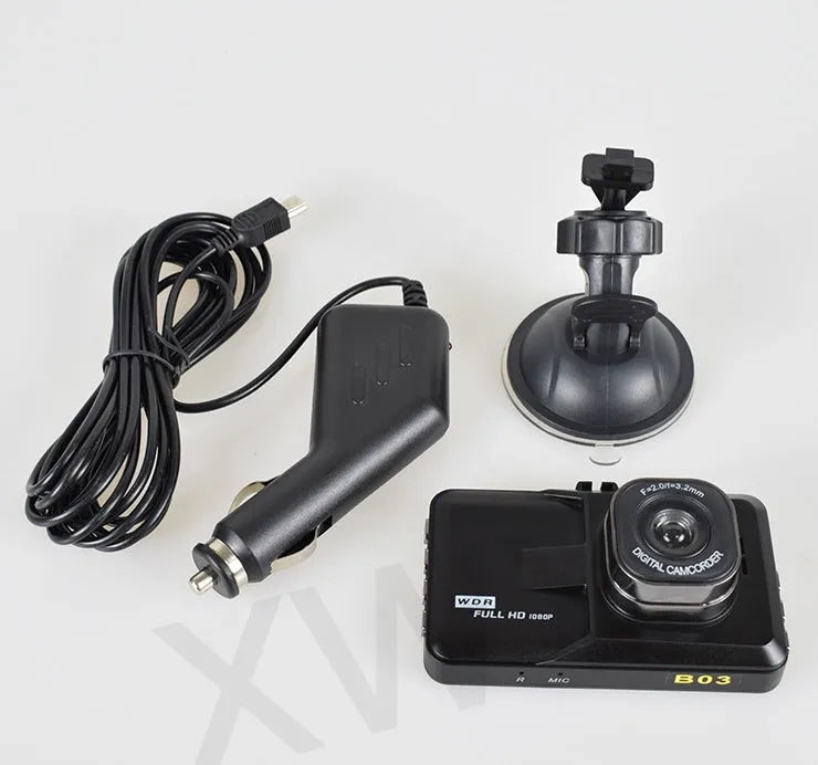 Black 1080P car DVR with 140 degree wide angle lens and IR night vision mounted on windscreen