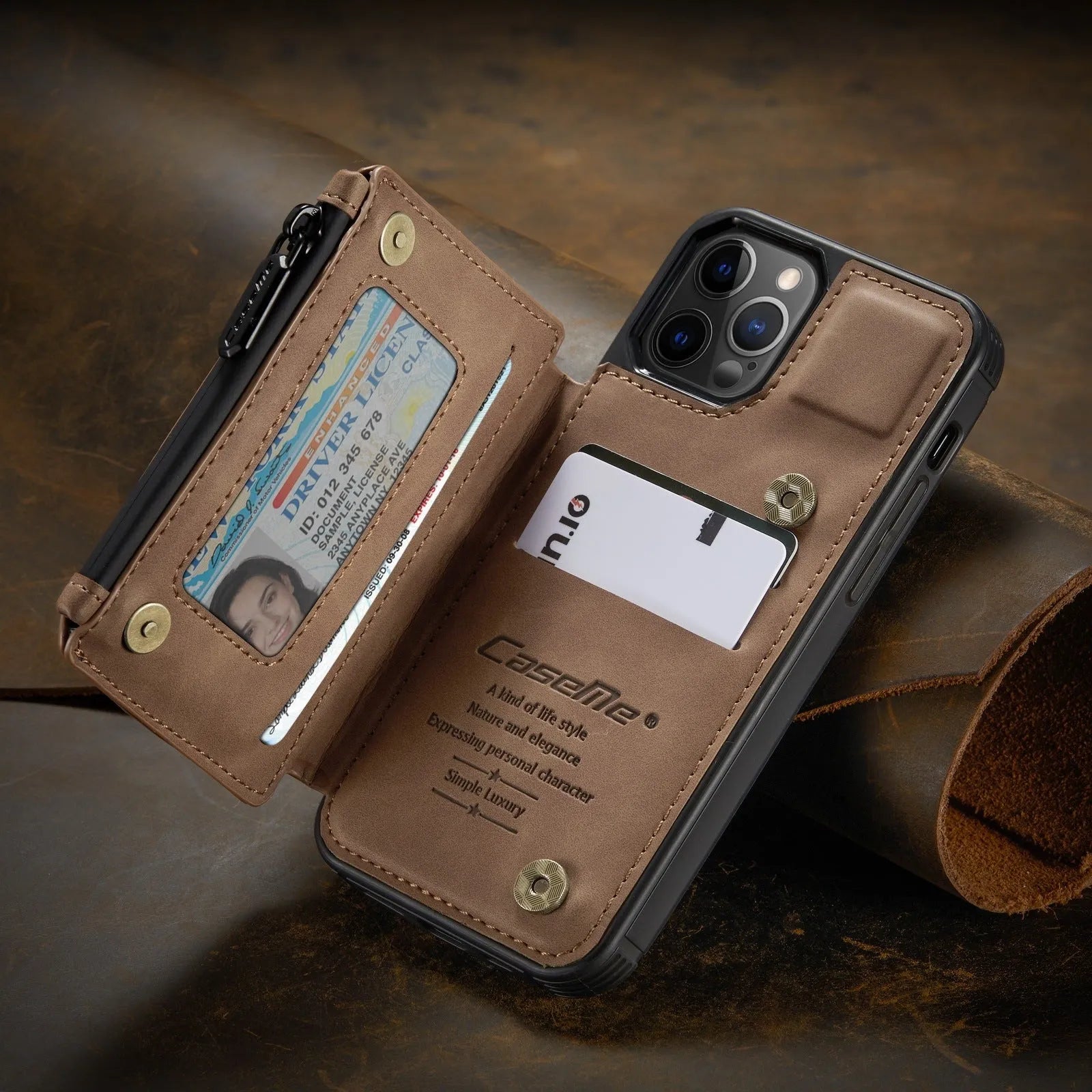 Anti-theft mobile phone case with belt holster in black, blue, brown, coffee, and wine red colours.