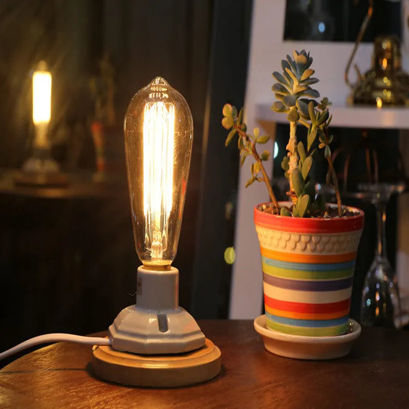 Retro ceramic table lamp with wooden base, glass shade, and a dimmer switch in American Country style.