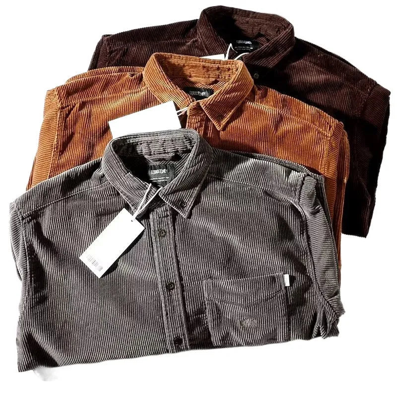 Men's caramel loose corduroy shirt with long sleeves in a cardigan style