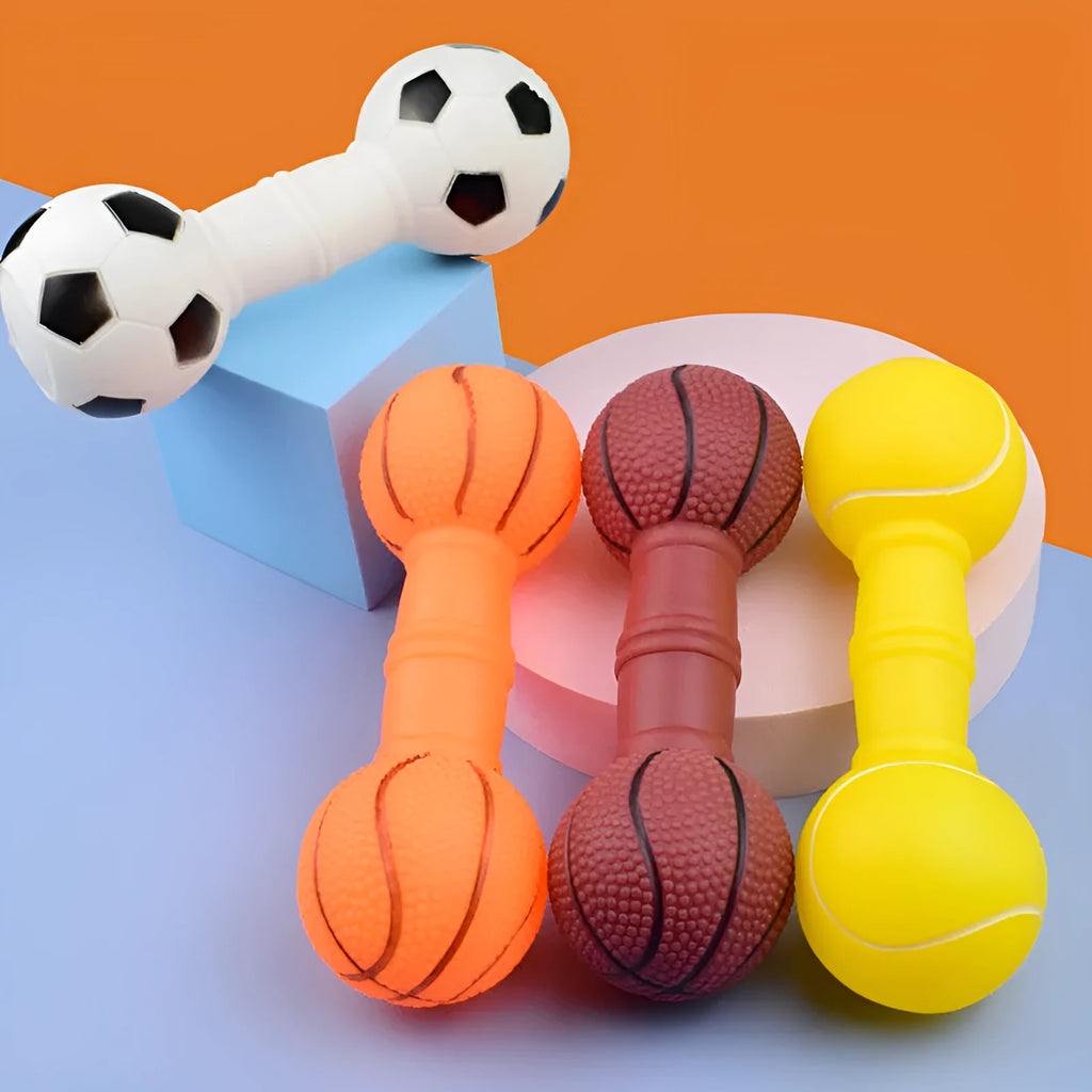 Brown, orange, white, and yellow PVC football and dumbbell shaped squeaky dog chew toys.