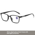 Multifocal anti-blue light reading glasses with colour-changing lenses in a black and silver frame style.