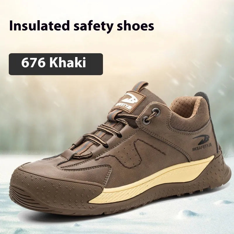 A pair of Flyknit safety work shoes with a leather upper and rubber sole, shown in a neutral colour.