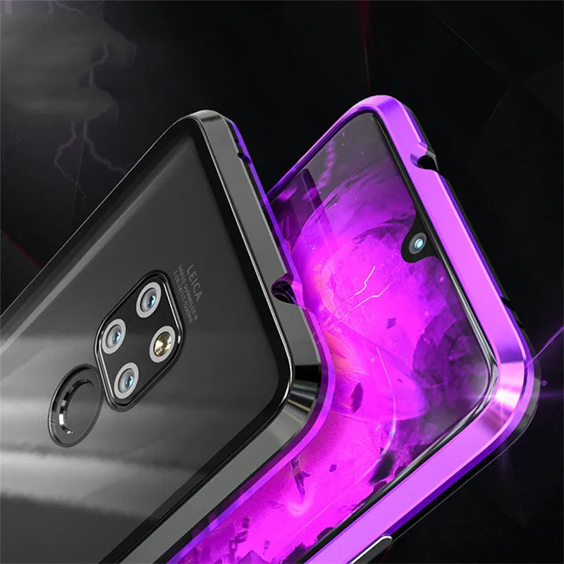 Black magnetic phone case with metal frame and glass back for Huawei smartphones.