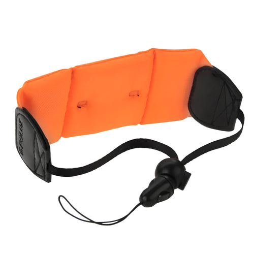 Orange nylon and foam camera buoyancy belt diving floating wrist strap on surface