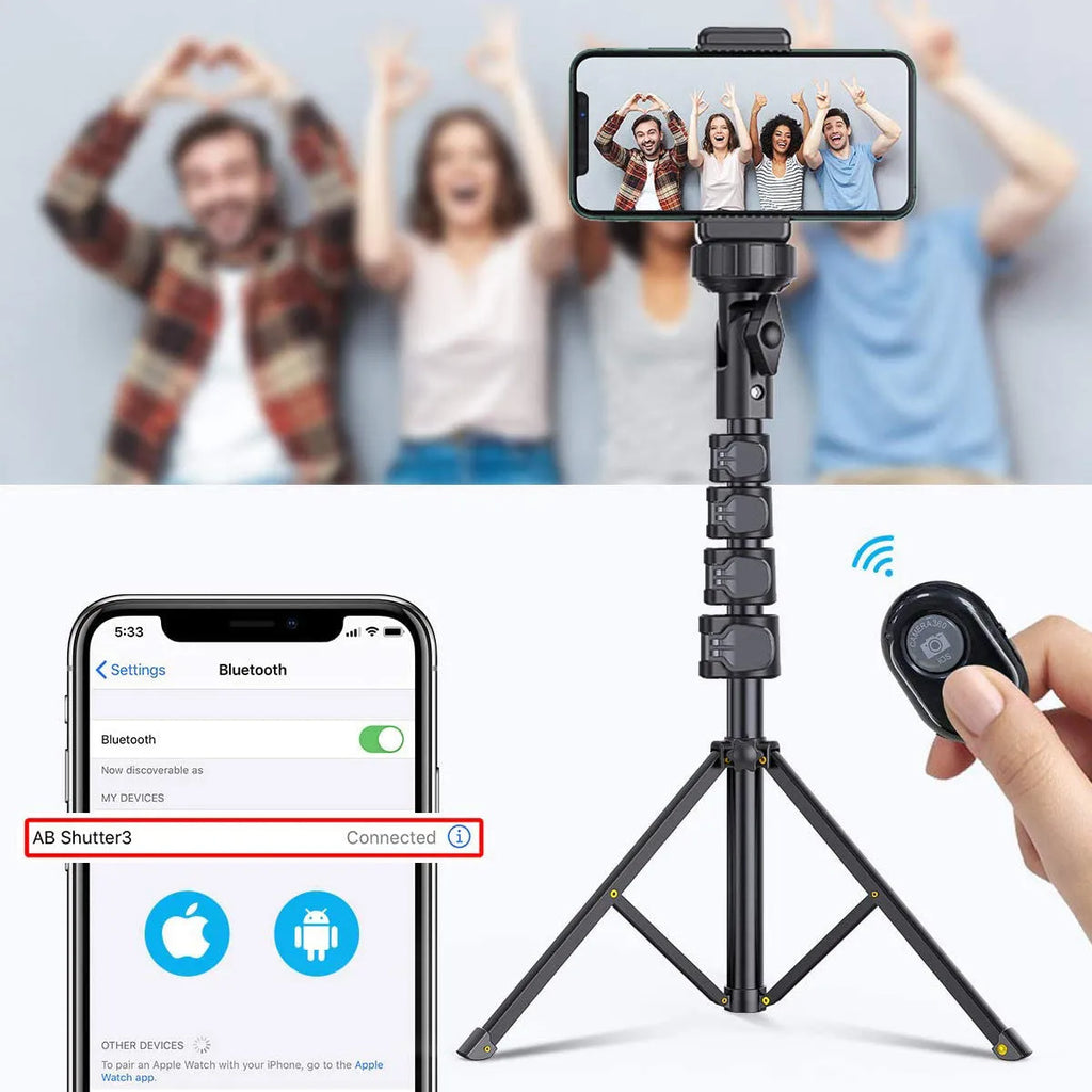 Black aluminium smartphone tripod with five-section legs folded to 45cm