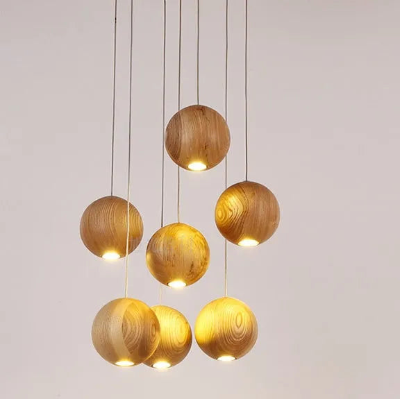Nordic style wooden ball chandelier pendant light with adjustable cord