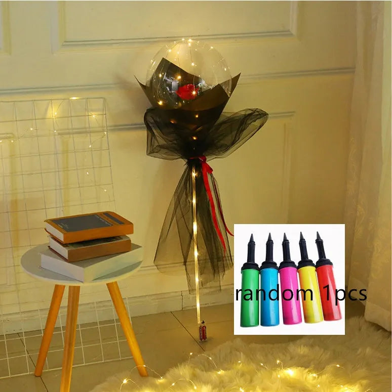 DIY LED luminous balloon rose bouquet set with transparent Bobo balls and LED lights on artificial flowers