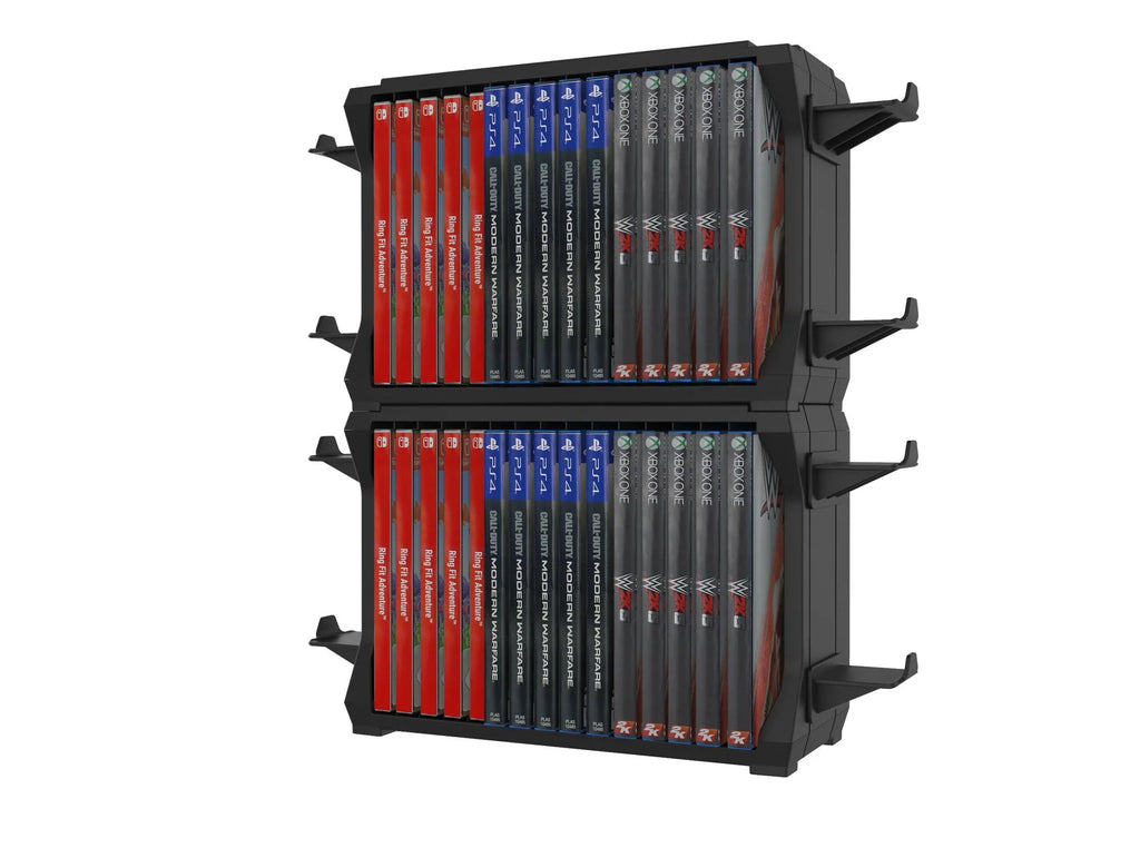 Black PS5 and Xbox Series X disc holder with game cartridge slots and controller storage