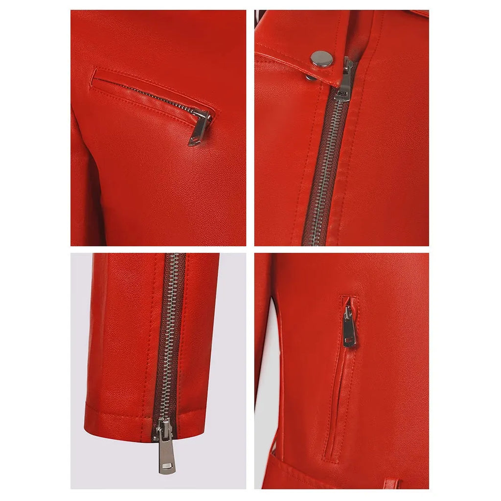 Woman wearing a red PU leather jacket with an adjustable black lapel belt fastened at the waist.