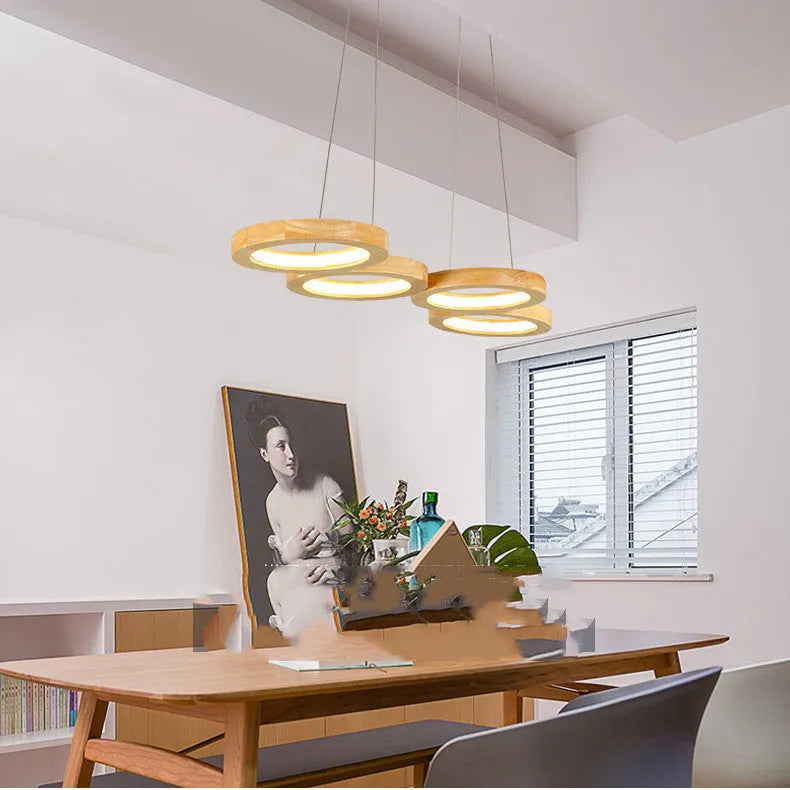 Solid wood LED pendant light, round wooden chandelier in 4 or 5 head options, 220V