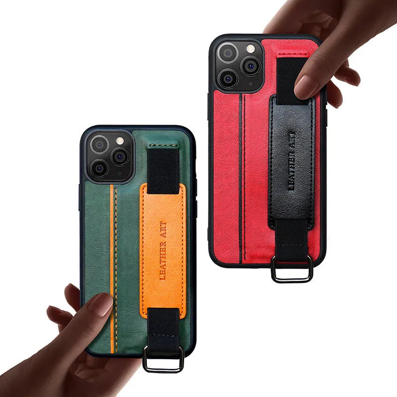 Imitation leather wristband phone case for iPhone with stretchable strap in brown colour