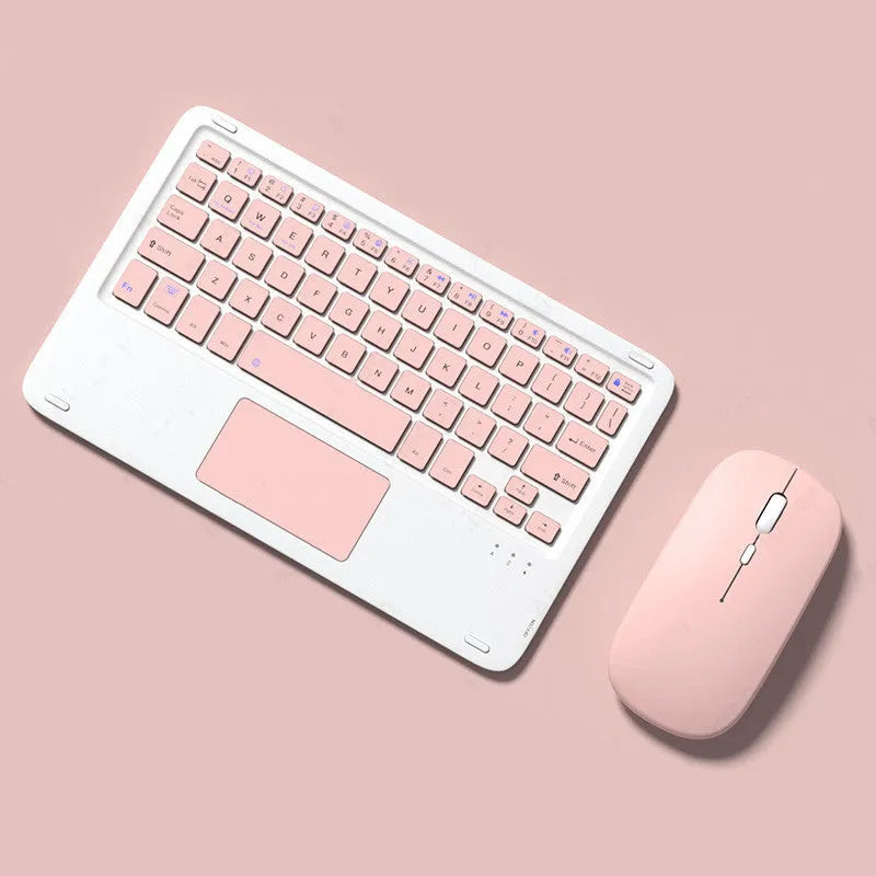 Pink Bluetooth touch keyboard and mute wireless mouse combo with USB charging cable on white background