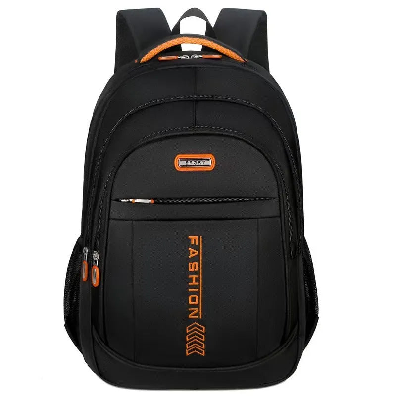 Blue business travel backpack with airpillow straps and sewing line detail on Oxford cloth.
