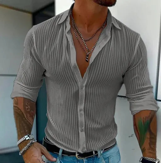 British style striped men's cardigan long sleeve shirt in flat mop cloth fabric