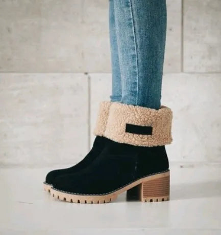Women's suede mid-tube snow boots with a thick heel and round toe in multiple colours.