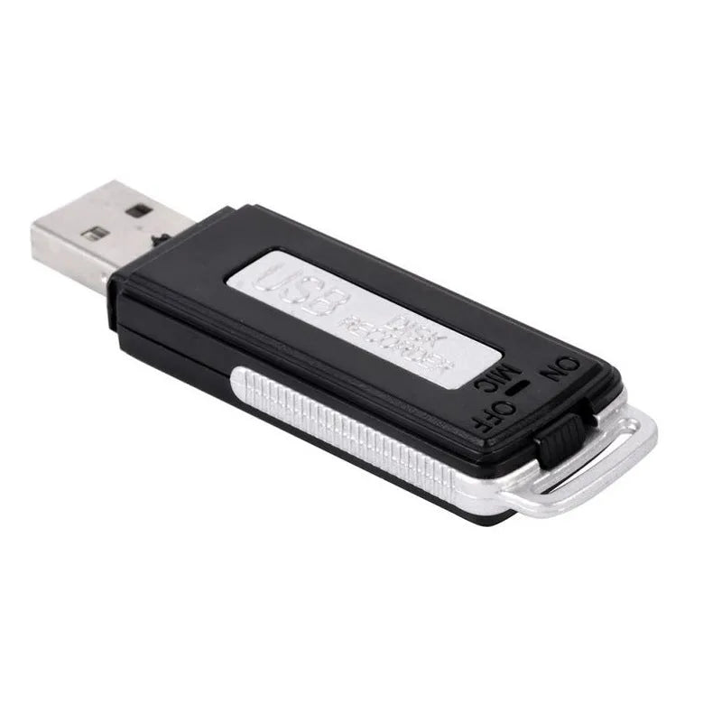 Black 8GB portable USB voice recorder with unidirectional microphone and rechargeable lithium battery