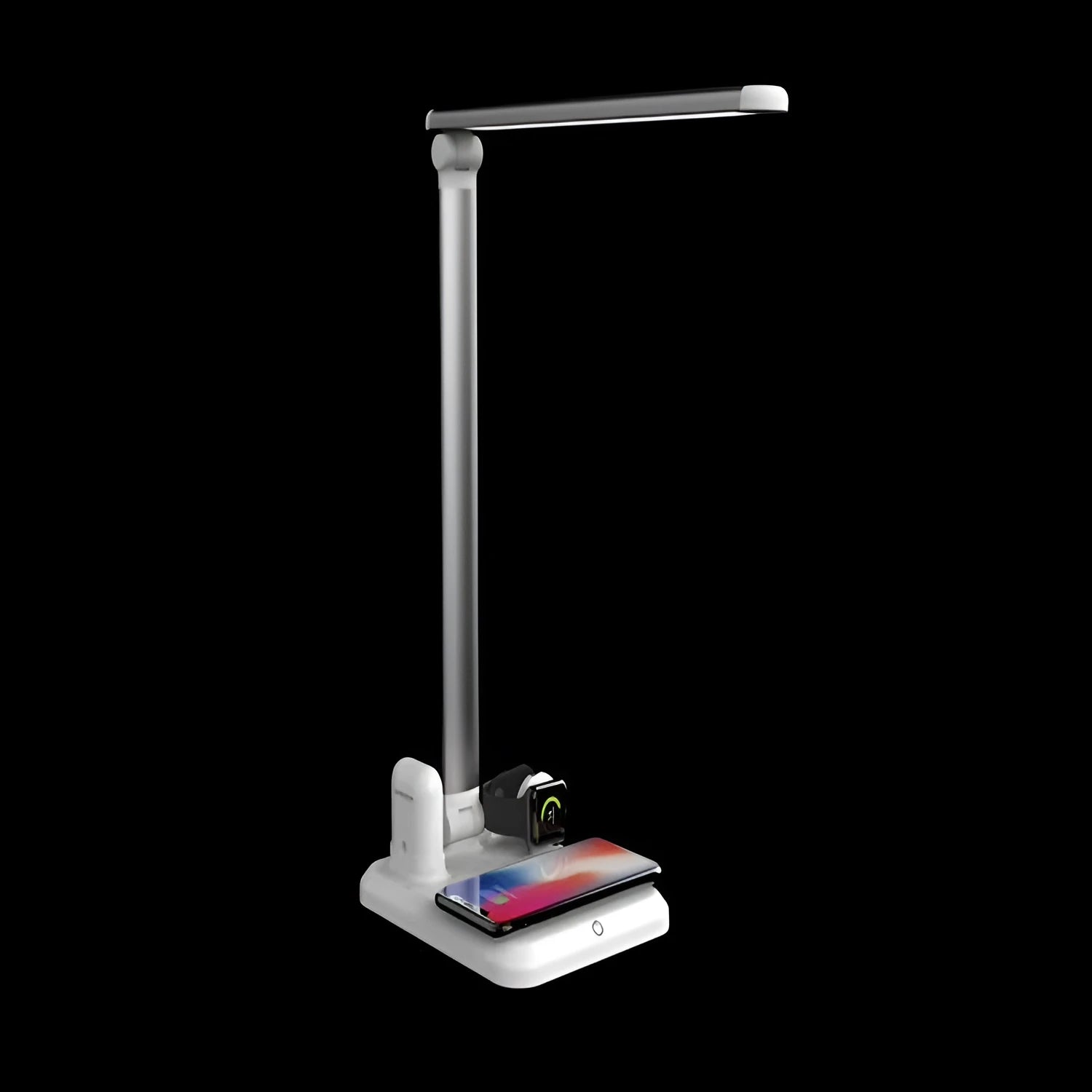 Black and white 4-in-1 LED desk lamp with wireless charging pad, Bluetooth speaker, and digital clock display.