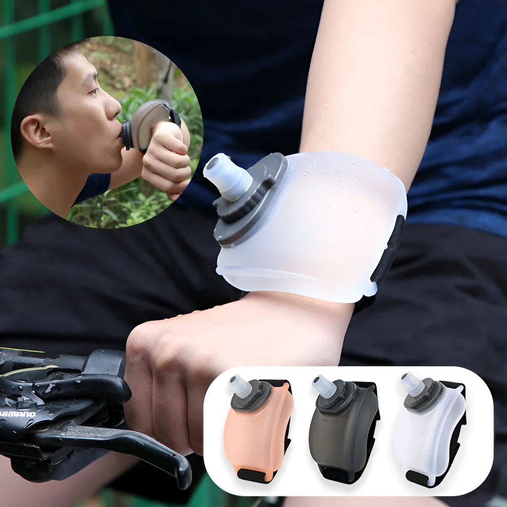 200ml wrist sports water bottle with silicone mouthpiece and Velcro strap in orange, brown or black