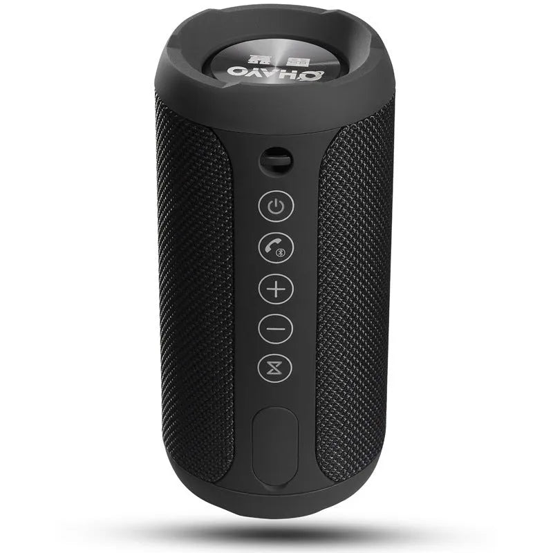 Outdoor portable Bluetooth speaker in camouflage colour with buttons for volume, playback, and mode selection.