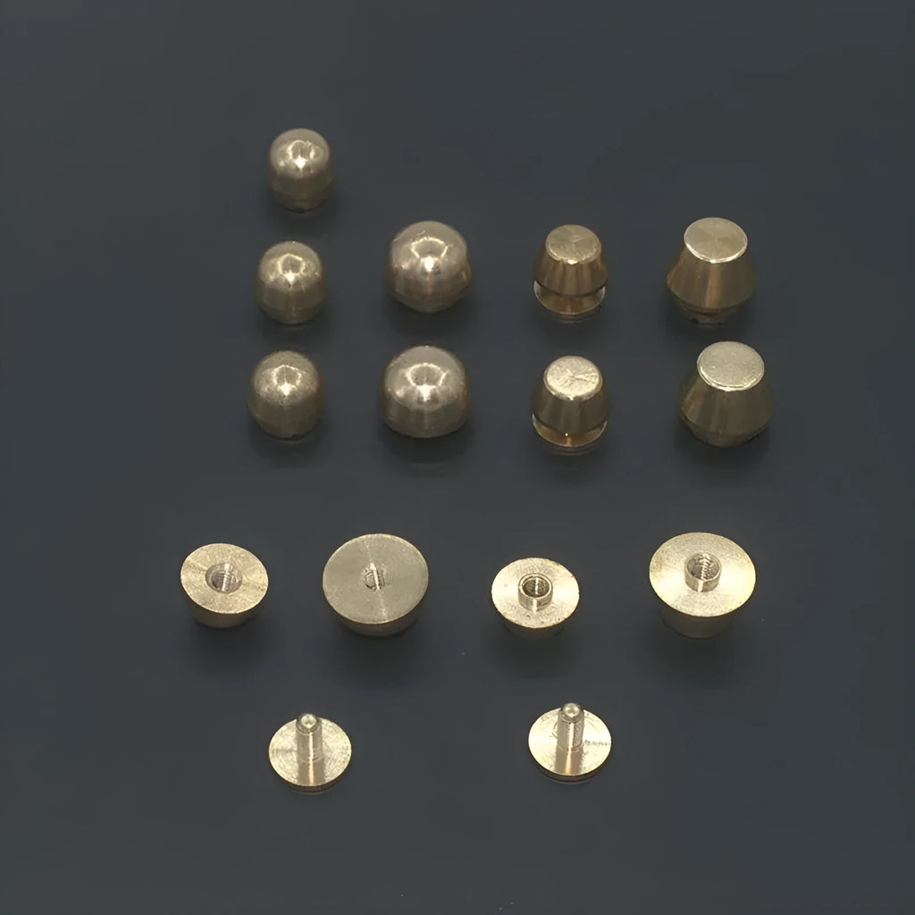 Brass decorative buckle for leatherworking with round and bucket foot nail styles