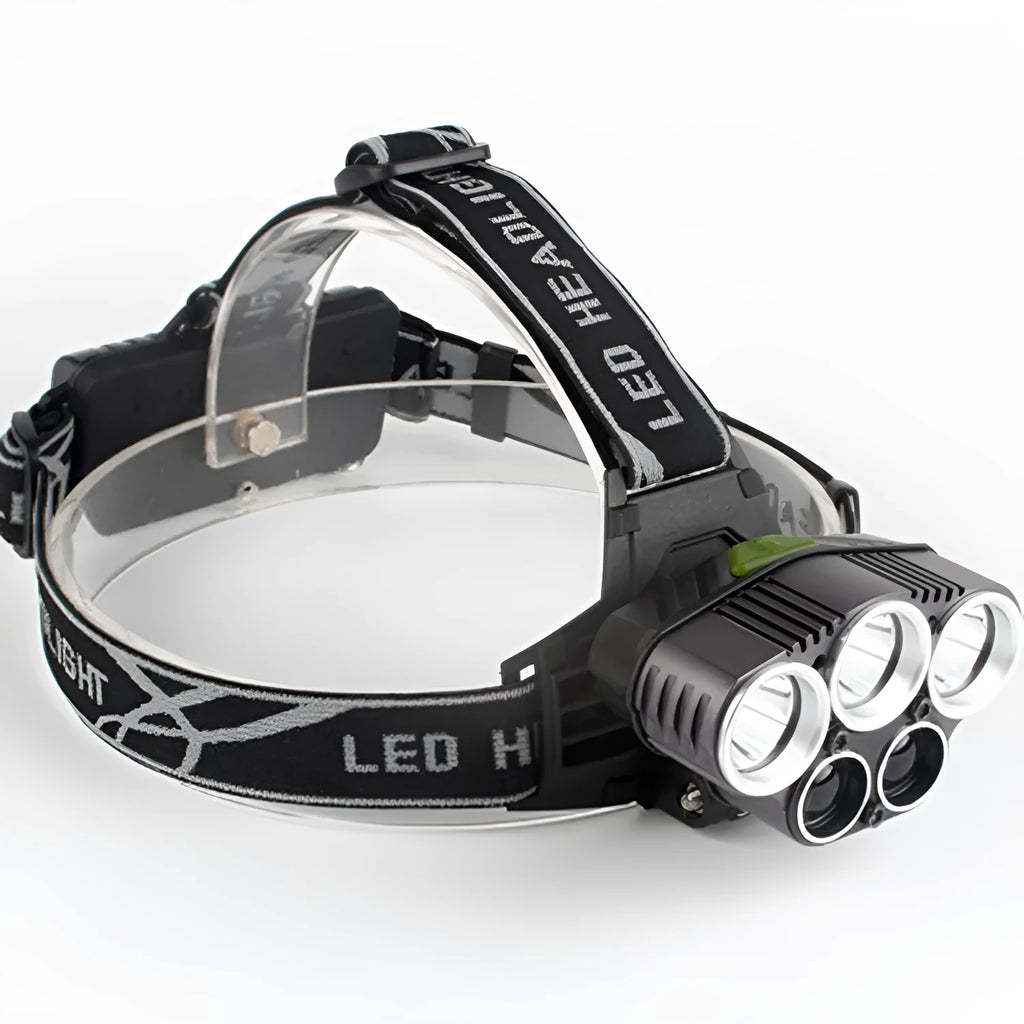 Outdoor headlamp showing long-range LED light beam and head-mounted design