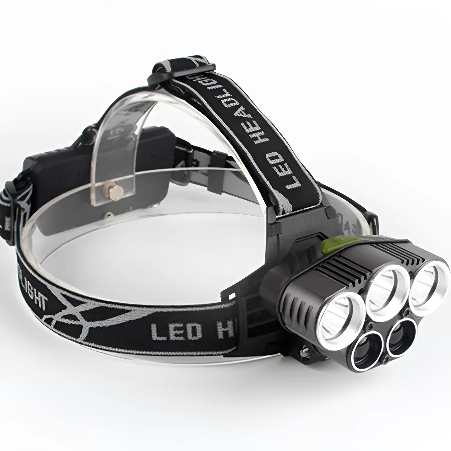 Outdoor headlamp showing long-range LED light beam and head-mounted design