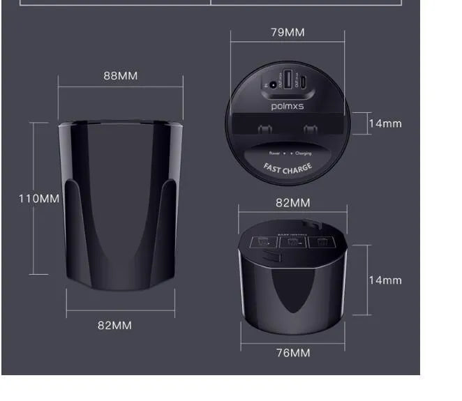Black car wireless charging cup with detachable base stand for QI smartphones.