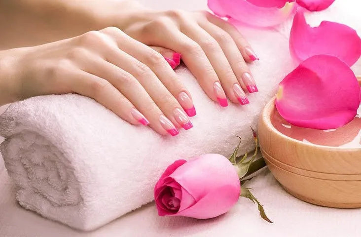 Set of finished French long fake nail patches in light pink, rose red, and white
