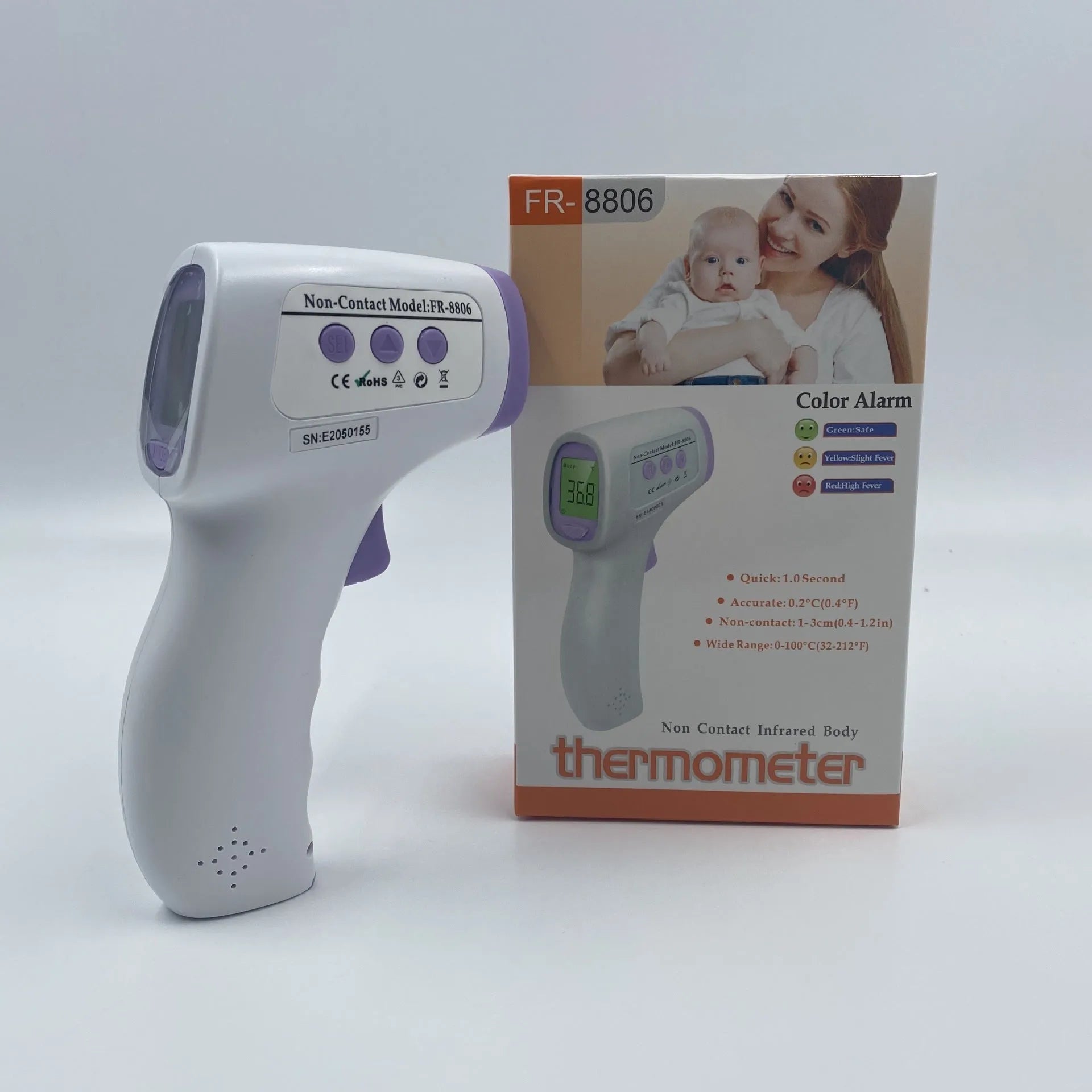 White digital non-contact thermometer with infrared sensor and display