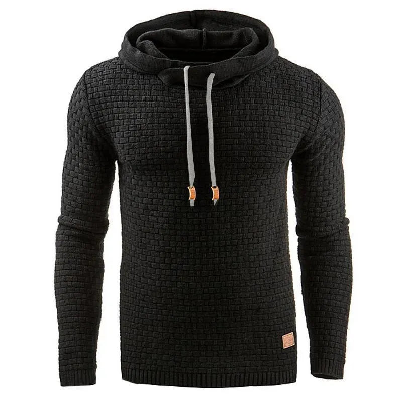 A men's hoodie sweater in a cotton and polyester blend, shown in one of nine available colours.
