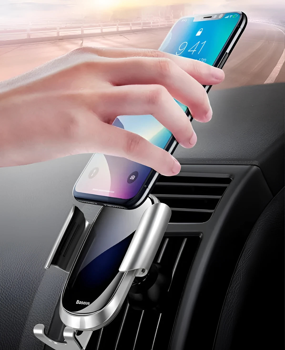 Universal adjustable smartphone car bracket mount shown in black, blue and silvery colour options