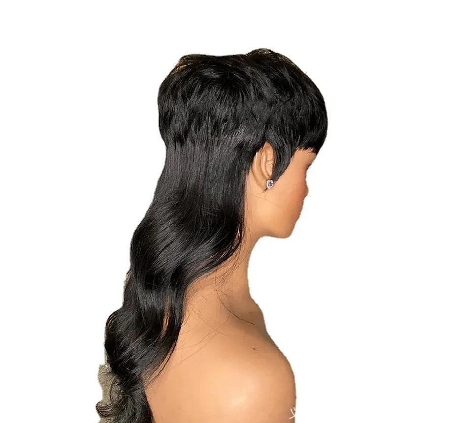Black Brazilian synthetic wig with bangs, short front and long back hair.