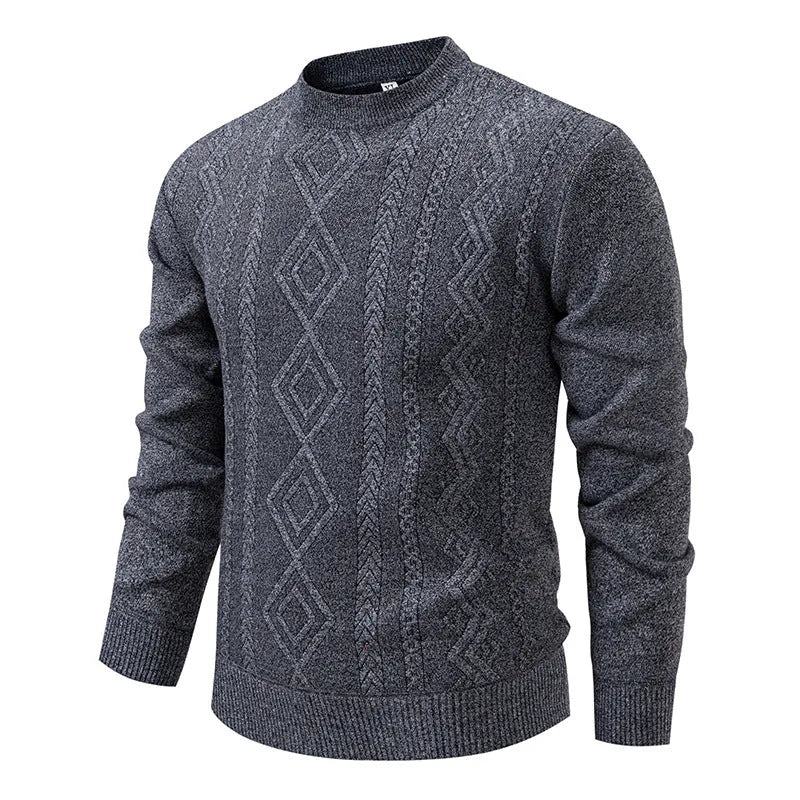 Men's loose knitted sweater in blue grey, round neck, long sleeve, ribbed hem, thickened polyester blend.