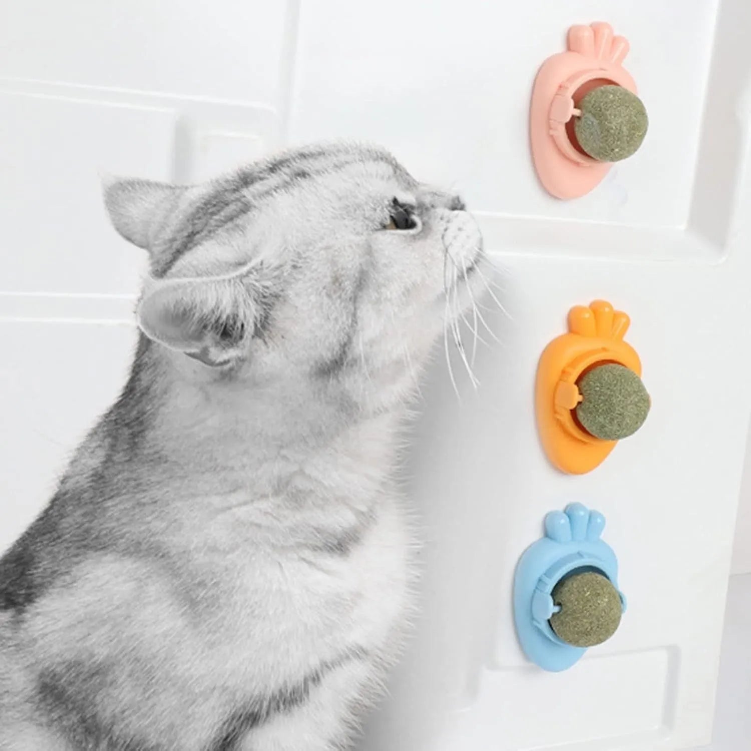 Blue carrot-shaped catnip toy with adhesive backing for wall mounting and dental cleaning