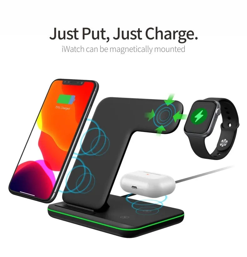 White three-in-one desktop wireless charging stand for mobile phone, watch, and headset.