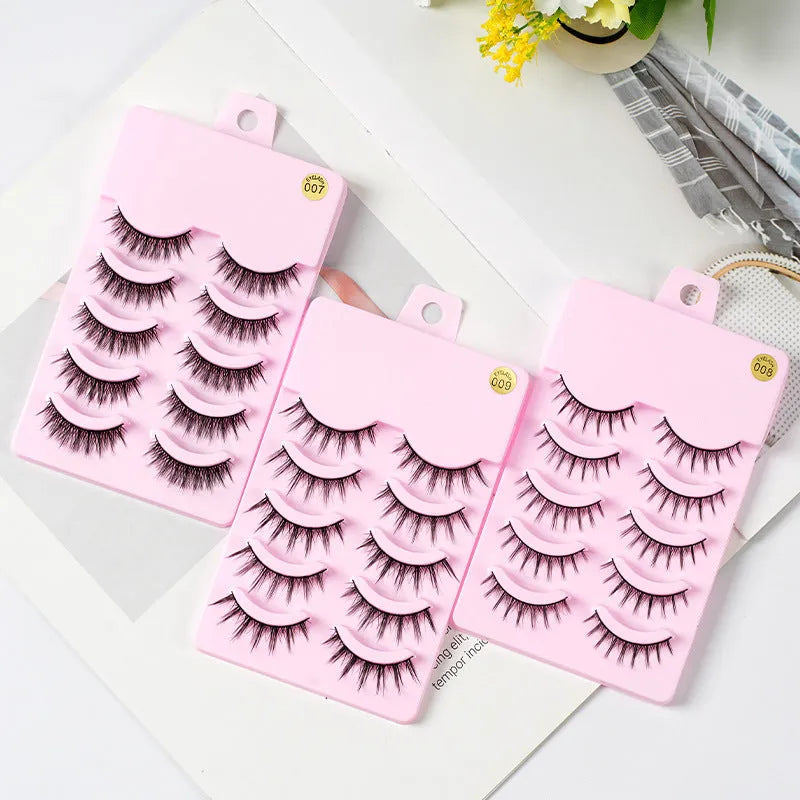 Set of manga style false eyelashes showing three wispy designs on a plastic black terrier base.