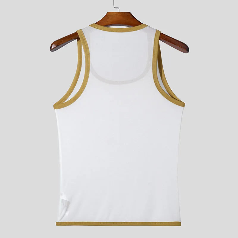 Men's black mesh athletic vest with straight hem for sports and fitness activities
