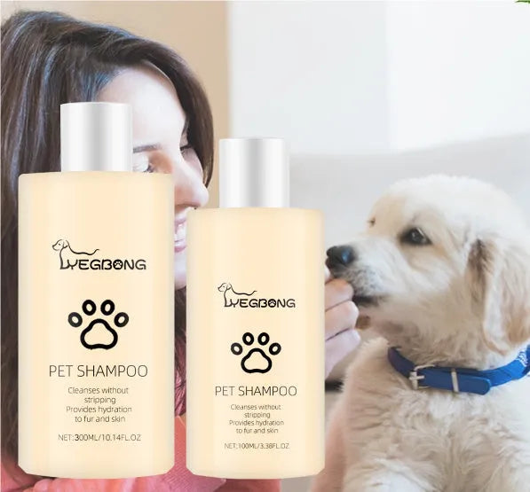 Bottle of mild pet shampoo for cats and dogs to soften fur and reduce knots.