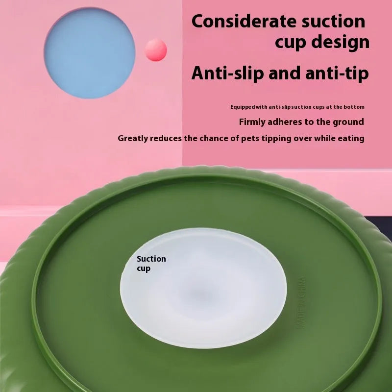 Colourful rotating pet slow feeder bowl with a silicone licking mat in a windmill design.