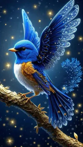 Handmade Blue Bird diamond painting kit showing 60x100cm acrylic canvas with rhinestones.