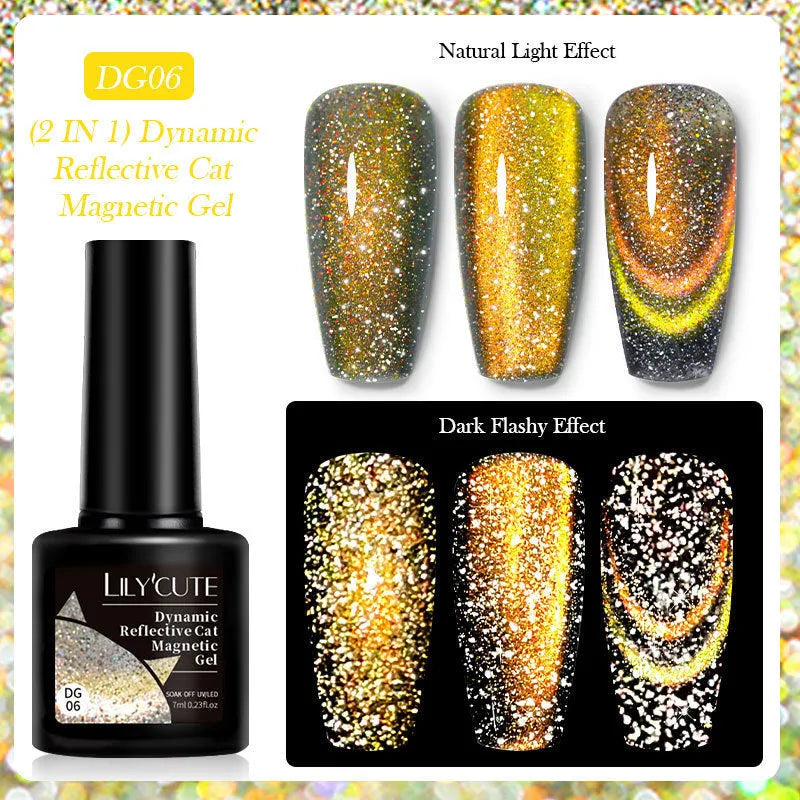 Bottle of Diamond In The Debris Cat Eye Series Nail Polish Gel showing glitter and diamond fragments, with six colour options displayed.